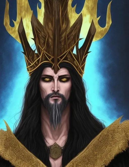 Prompt: detailed face | the huma-king was tall, clad in blue robe and golden cloak. The hair was brown, and they wore anthracite helms, although the human-king wore a crown. The eyes were mercyful and shining, The human-king held an axe, and the axe and his hand shone with a pale light | snowy mountains in the background, mist