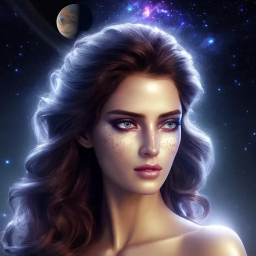 Prompt: HD 4k 3D 8k professional modeling photo hyper realistic beautiful woman ethereal greek goddess of fate/destiny of the universe
black starry hair updo silver eyes gorgeous face mixed freckled skin shimmering shiny dress jewelry crown full body  surrounded by magical glowing ambience hd landscape background balance of universe planets 