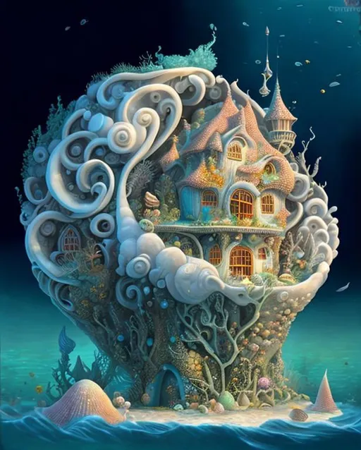 Prompt: a underwater house, made of a granulated seashell, intricate details, shimmer. art by James jean, Jacek yerka, Daniel Merriam, Dr Seuss, catherine abel.  Zbrush, vray tracing, chrome gradient colors. Highly detailed. Crispy quality.