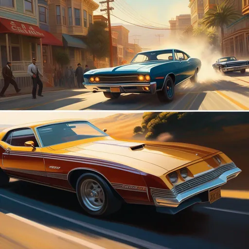 Prompt: Driver San Francisco, car chase, sunny atmosphere, extremely detailed painting by Greg Rutkowski and by Henry Justice Ford and by Steve Henderson