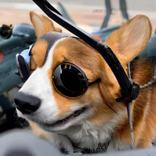 Prompt: A corgi with pilot goggles on in a spitfire