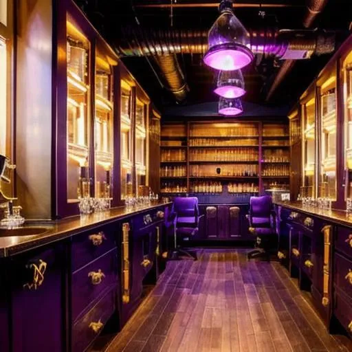 Prompt: A steampunk-style scientific laboratory with vials of purple liquid and bathed in candlelight.