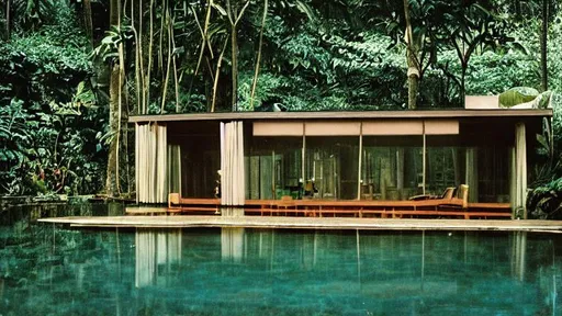 Prompt: Philip Johnson’s Glass House in the rainforest, a sense of luxury and style, elegant, sunny, realistic, ultra-realistic, film photograph, Cinestill 800T