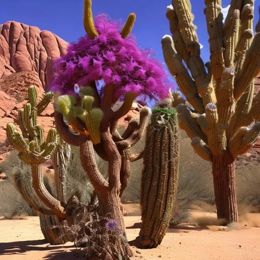 Prompt: desert, sequoia sized tree, marijuana tree, giant purple buds, exotic buds