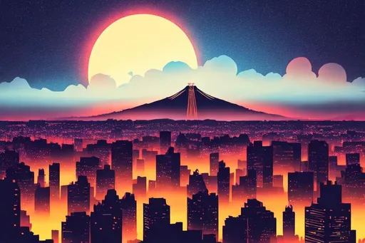 Prompt: Multiple layers of silhouette lit Tokyo city, with silhouette of Sailor Moon Moon, sharp edges, at starry sky at  dawn, with fog in air, vector style, horizon silhouette Landscape wallpaper by Alena Aenami, firewatch game style, vector style background