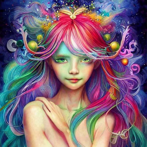 Prompt: Portrait of a rainbow goddess, rainbow hair and eyes, hyper detailed, flowing, floating, casting magic, elf ears, oil painting effect, | by naoko takeuchi and anna dittmann and karol bak      