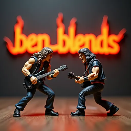 Prompt: on a sign in background are the words ("ben_blends") in orange paint, studio environment, high quality, sharp focus, two articulated rock star toy figures fighting in the foreground