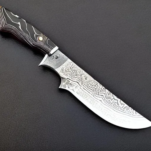 Prompt: mosaic damascus bowie knife detailed blackwood handle wide angle 4k