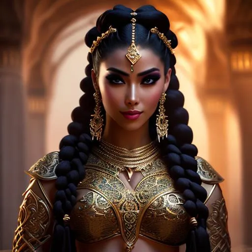 Prompt: Gorgeous, stunning, beautiful, otherworldly toned muscular Yuan-Ti martial artist goddess with long braided hair wearing a body chain and ancient Arabic clothing, full body, centered, fantasy setting, character concept, cinematic, colorful background, concept art, dramatic lighting, highly detailed, hyper realistic, intricate sharp details, octane render, smooth, studio lighting, trending on art station, 8k, HDR, unreal engine, emotive, cgi, animated, character art, iridescent, metallic