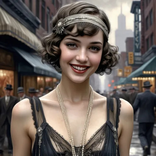 Prompt: Hyper-realistic full body height digital painting  by Luis Royo:: young pretty happy 1920s flapper woman, short curly brunette hair, highly detailed facial features and coy smiling expression, wearing fashionable clothing, walking through the streets of a Jazz district in Chicago in 1925:: 8k resolution, incredible details, a masterpiece, photorealistic