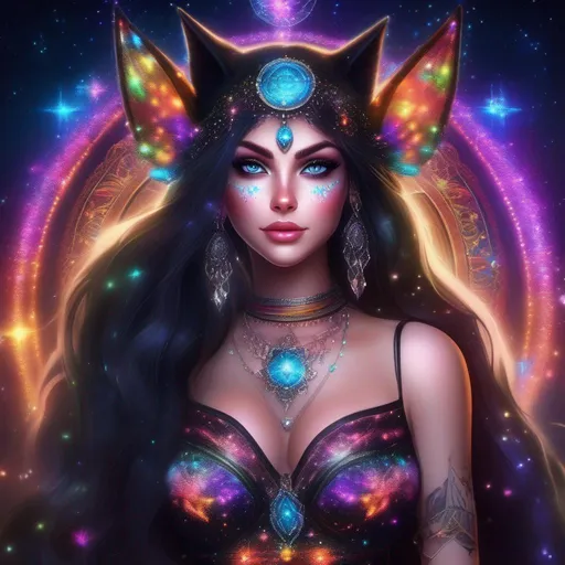 Prompt: A complete body form of a stunningly beautiful, hyper realistic, buxom woman with incredible bright, cat like eyes wearing a colorful, sparkling, dangling, glowing, skimpy, boho, goth,  flowing, sheer, fairy, witch's outfit on a breathtaking night with stars and colors with glowing, detailed sprites flying about