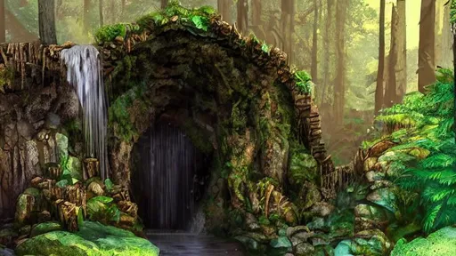 Prompt: dungeon entrance behind a forest waterfall