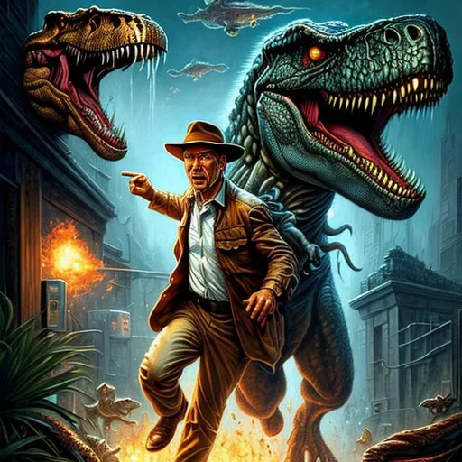 Prompt: (masterpeice), (ultimate quality), ultra realistic illustrated movie poster, (incredibly detailed Harrison Ford face), {{Indiana Jones being chased by a T-Rex}}, intricate, elegant, highly detailed, digital painting, artstation, concept art, smooth, sharp focus, illustration, art by artgerm and greg rutkowski and drew struzan