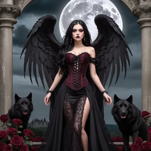 Prompt: A tall dark angel woman, with long black hair, brown eyes, black long wings, dressed with a black & bordeaux laces corset. She is adorned in an elegant black long gown with intricate lace details and stunning bordeaux roses. The background is a landscape with a goth castle, with big wolves, fullmoon, and black skulls on the ground. Full body photo.