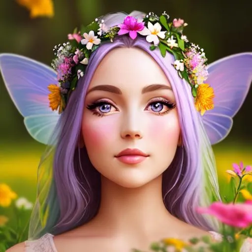 Prompt: a fairy goddess , pastel colors, wildflowers,facial closeup