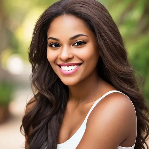 Prompt: gorgeous brown skinned woman smile portrait centered