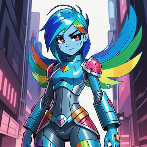 Prompt: Cyberpunk Equestria girls rainbow dash with blue skin wearing tight armor