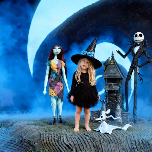 Prompt: Add the little girl in the pics to the nightmare before Christmas pictures 