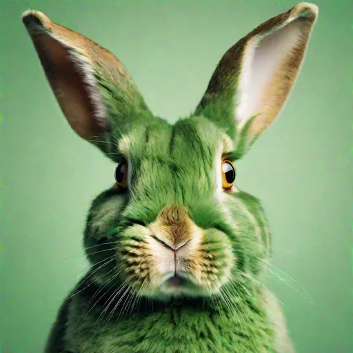 Prompt: photo realistic portrait of a green rabbit, centered in frame, facing camera, symmetrical face, ideal human, 85mm lens,f8, photography, ultra details, natural light, light background, photo, Studio lighting, vivid colours