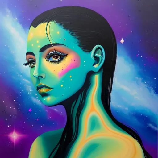 Prompt: Surreal portrait of beautiful female, cosmic landscape background, acrylic on canvas in style of post modernism 