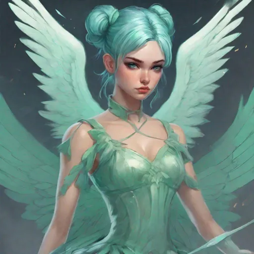 Prompt: A heroine, with mint green ballerina inspired warrior dress, warrior dress, {blue hair} in buns, angel wings