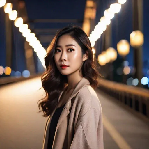 Prompt: a 30 years old indonesian-chinese girl with wavy hair, brown hair, side, long shot, in the night, outdoor, bridge with full of lamp, photo realistic, ultra high res, street outfit, long exposure
