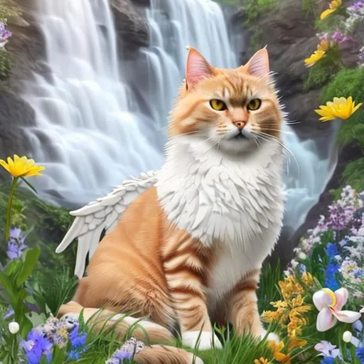 Prompt: Golden tuxedo tabby cat with white dipped paws with large pearl white angel wings sitting in wild flowers next to waterfall 