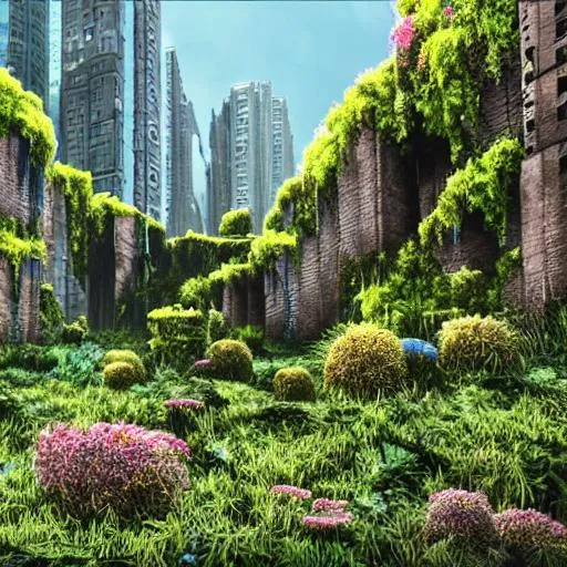 Prompt: Abandoned city, realistic, with ton of moss and flowers growing out of tall buildings, blue sky,  no humans.