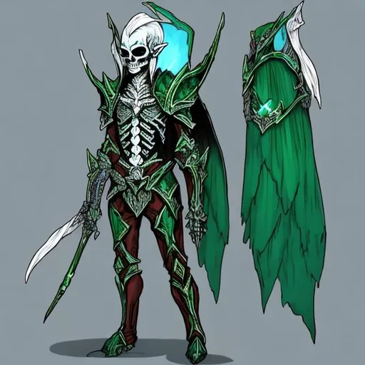 Prompt: Skeleton elf man 🧝‍♂️ blue and green full set armor 