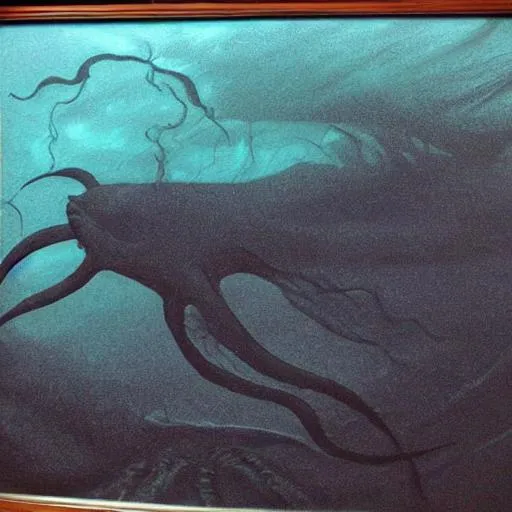 Prompt: Large, shadow, creepy sea creature under water, Marley green lightning, ship wreck