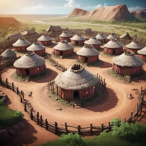 Prompt: Fantasy Illustration of a kraal settlement, colorful painted round houses made of clay materials and roofs made of stray, the kraal is surrounded by a wooden palisade, next to the kraal there is a corral for cattle, birdview, dramatic fantasy settlement scene, cinematic lighting