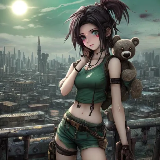 Prompt: 4k high resolution cgi anime steampunk style, petite brunette female android, pretty face, green eyes, high cheek bones, dark green bikini top, low slung cargo shorts, lightly tanned body, minor cuts and bruises on body, 
carrying a torn teddy bear,
post apocalyptic city skyline in background, large moon, 