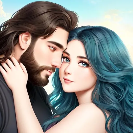 Prompt: Professional digital art of a ((heavyweight man and woman couple who are so in love)), (((long brown wavy hair for man))), (((long blue wavy hair for woman))), (((woman's brown eyes 0.5))), (((man's green eyes 0.5))), (((woman has pale skin and round face))), {man has round face and scruffy beard}, cyberpunk surreal, Disney, pixar, (rainbow), space, illustration, neon, high detail, intricate, elegant, by Jeremy Mann, artgerm, Rutkowski, and other illustrators, intricate details, face, full body portrait, headshot, illustration, UHD, 4K