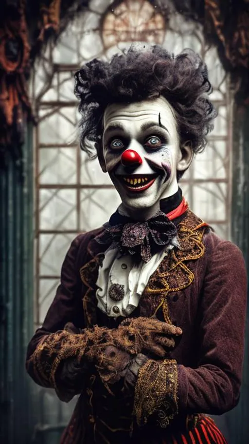 Prompt: portrait, creepy dark clown, very big smile, curly hair, extremely detailed and textured skin, neopunk victorian clothes with detailed and intrcate embroidery, abandoned circus attraction in the background, photorealism, vintage photography, 1920 photography, bokeh blur, very high detail, character design, medium shot