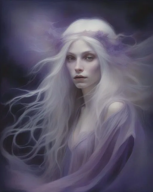 Prompt: An ethereal fantasy portrait of a pale witch with flowing white hair adorned in delicate sheer fabrics that seem to float around her. Soft focus and dreamy lighting create a magical mood. Mystical purple toned landscape background. Painted in the fantasy art style of Brian Froud.