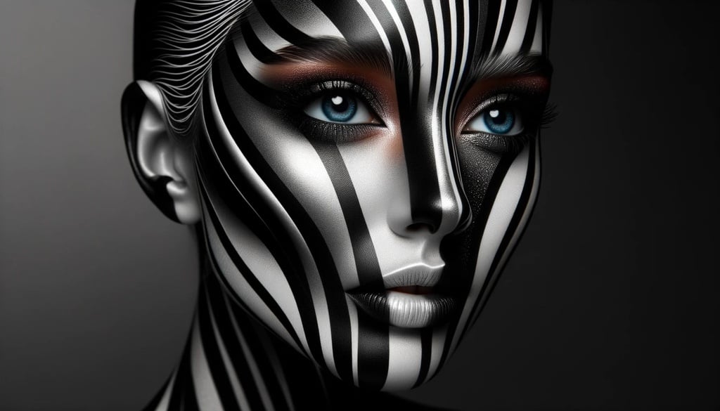 Prompt: a face with a black and white pattern on her face, in the style of dramatic lighting effects, stripes and shapes, airbrushing, polished metamorphosis, uhd image, pop-culture-infused, vibrant portraits