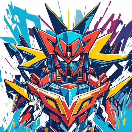 Prompt: vector t-shirt art ready for print colorful graffiti illustration of gundam, frontal perspective, action shot, vibrant color, high detail, white background