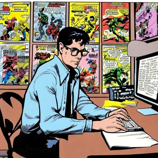 Prompt: a writer reviewing comic books on a computer