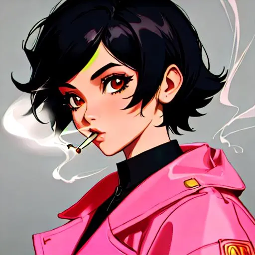 Prompt:  (female, short black hair) Smoking, thug, 8k, UHD, Highly detailed, detective