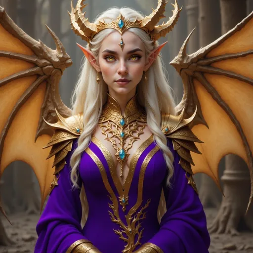 Prompt:  @VITLFRBSebJkkO8huw5E purple clothes, large crown, lots of jewelry, gold dragon wings