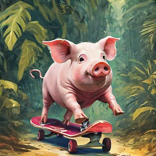 Prompt: painting style jungle pig skating