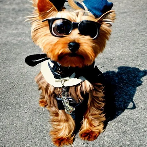 photo of a yorkie with hiphop clothing