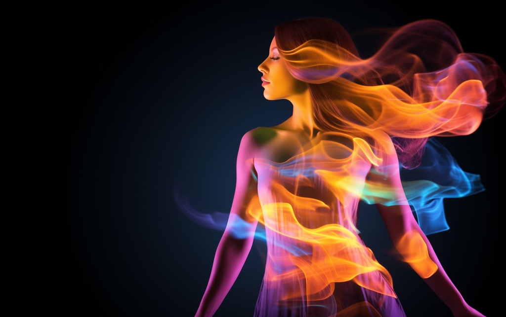 Prompt: transparent girl made of colorful smoke and fire