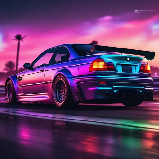 Prompt: 2001 BMW M3 E46 GTR, synthwave, aesthetic cyberpunk, miami, highway, dusk, neon lights, coastal highway, dusk, neon lights, coastal highway, sunset, drift, nurburgring, water on the road, blade runner, 8k, watercolor, macro sharp focus, 8, hyper realistic, cinematic