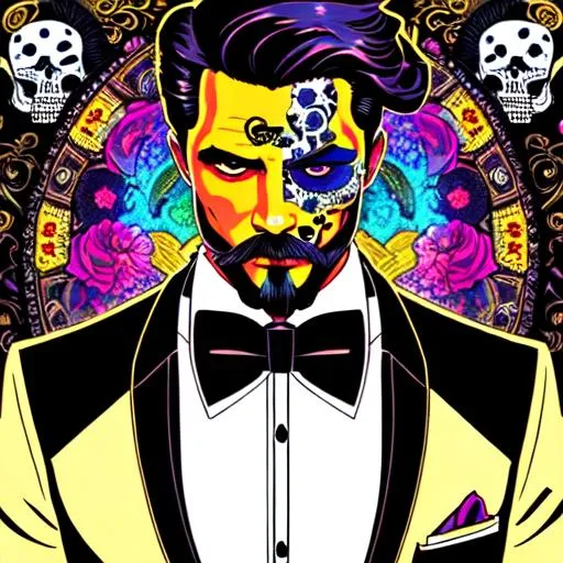 Prompt: a man in a tuxedo smoking a cigar, calavera, artwork in the style of guweiz, bright psychedelic color, an ai generated image, portrait of the god of death, colorful bandana, dark tattoo, hydropunk, extremely detailed man, dramatic artwork, young spanish man