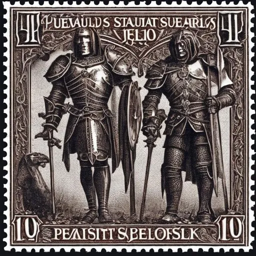 Prompt: hyper-realistic beautiful gothic-style postage stamp depicting a realistic pallos and a realistic knight's armor, the value of the stamp is "10 Ft"