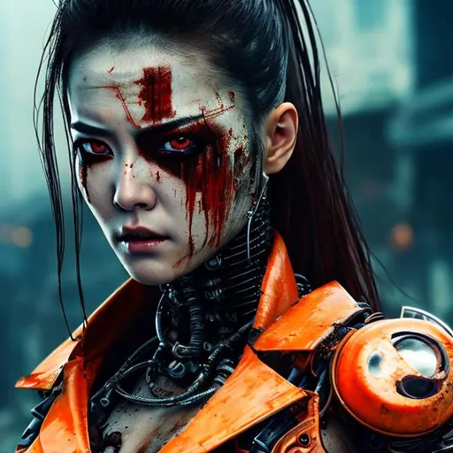 Prompt: Focussed photo. 4k. Post-apocalyptic cyber lady vengeance. Cut. Facing her right. Full body. Revealing. Sensuous. Interesting eye makeup. High level of detail. Nudist