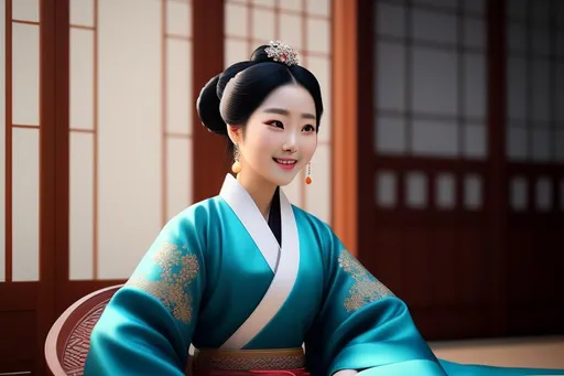 Prompt: Realistic art of a beautiful Joseon Era queen sitting in front of an open screen room door with a beautiful mountain and river outside, (jjeokjin meori), cyan dangui, Korea, joseon queen attire, black hair, peaceful smiling expression, (joseon), (joseon queen), (cyan dangui), (Kim so yong), (Mr queen), daytime, (age=19), 