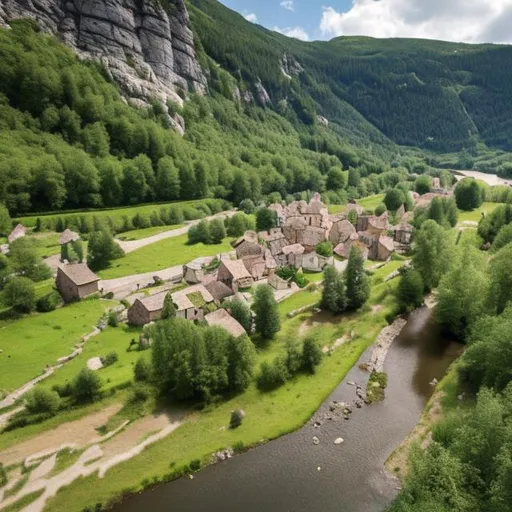 Prompt: far away view of a small medieval hamlet on the side of a river from a mountain