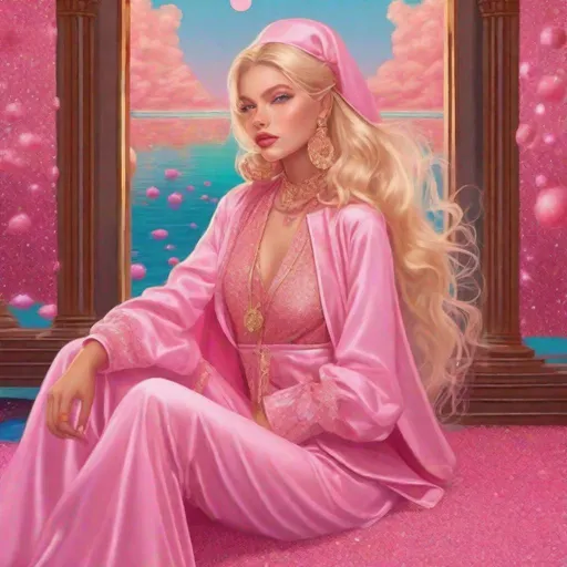 Prompt: an pretty girl blonde hair blue eyes she is super rich she has a beautiful body She Wears Gucci pink she's getting in a Gucci Rich Golden sitting on pink pretty face in make up as an nun poseing on pink glitter moon and room water
